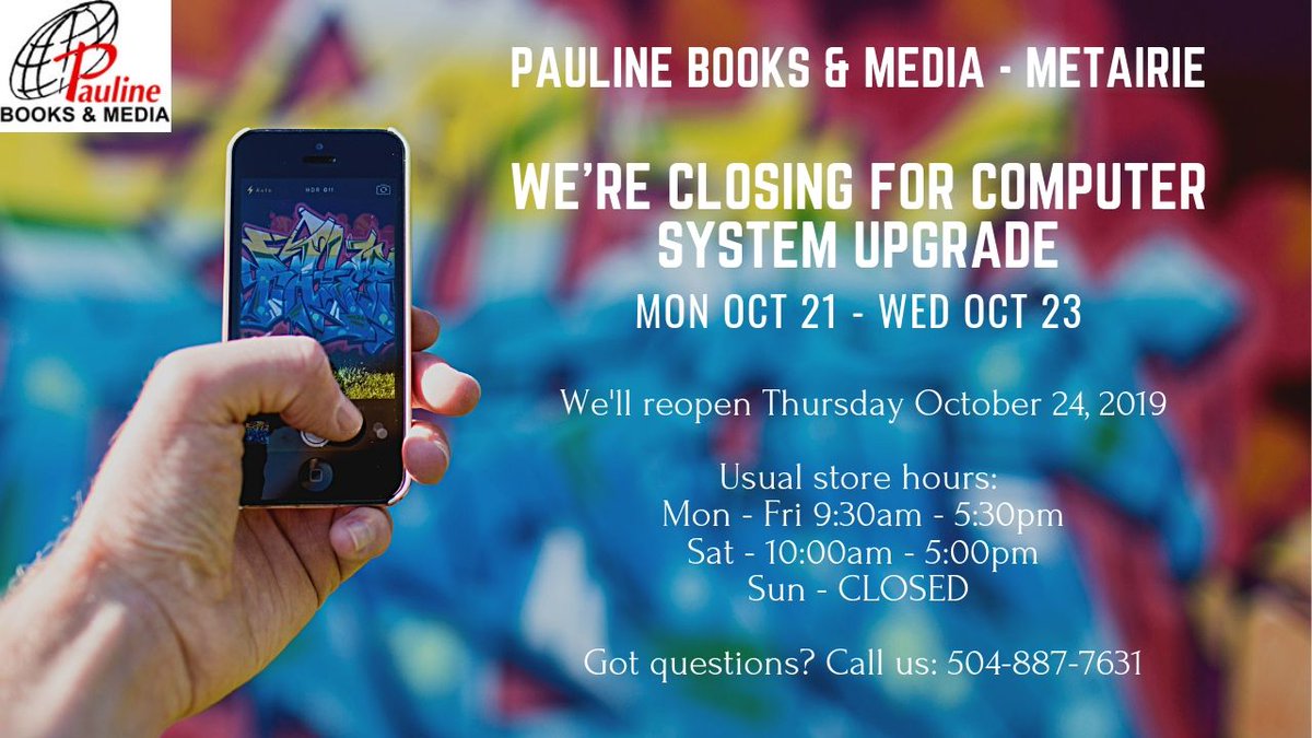 pbmnola's tweet photo. Exciting news!! We're installing our new computer system in the store next week. So we're closed Mon Oct 21 - Wed Oct 23. We'll reopen on Thursday Oct 24. Looking forward to seeing you then! Praying for you as always, please pray for us. Thanks &amp; God bless you! #media #awesome https://t.co/opKAwGNWHV