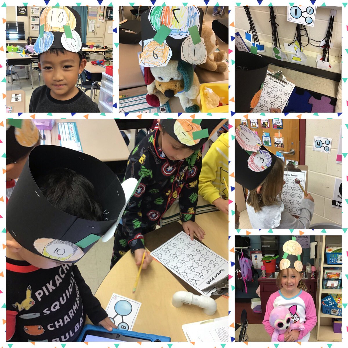 cbmtaylor's tweet photo. We had a fun Friday in room 109! We created number bond hats and went on a number bond scavenger hunt around the room! It was also PJ and stuffed animal day for a classmates birthday, so our stuffed animals got to join in on the fun! https://t.co/fZhLVRmgHJ