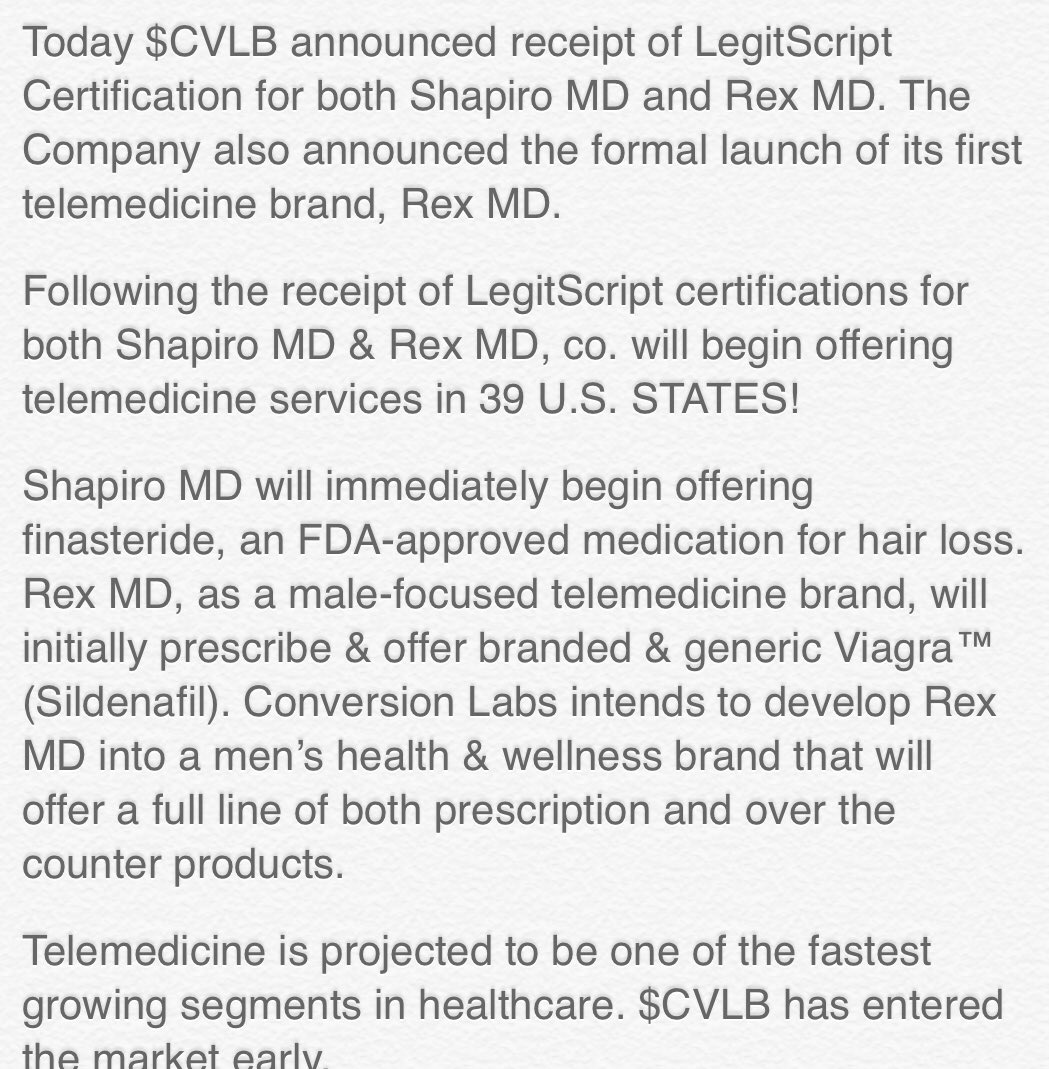 rockerfunder's tweet photo. $CVLB BIG NEWS!! Co. has announced today their receipt of #LegitScript Certifications & Launch of Telemedicine Business. 👏#ConversionLabs is an e-comm & #telemedicine co. focused on creating/scaling proprietary #health & #wellness brands. #OTC #stockstowatch #stocks #investing https://t.co/TyvwgrqxRi