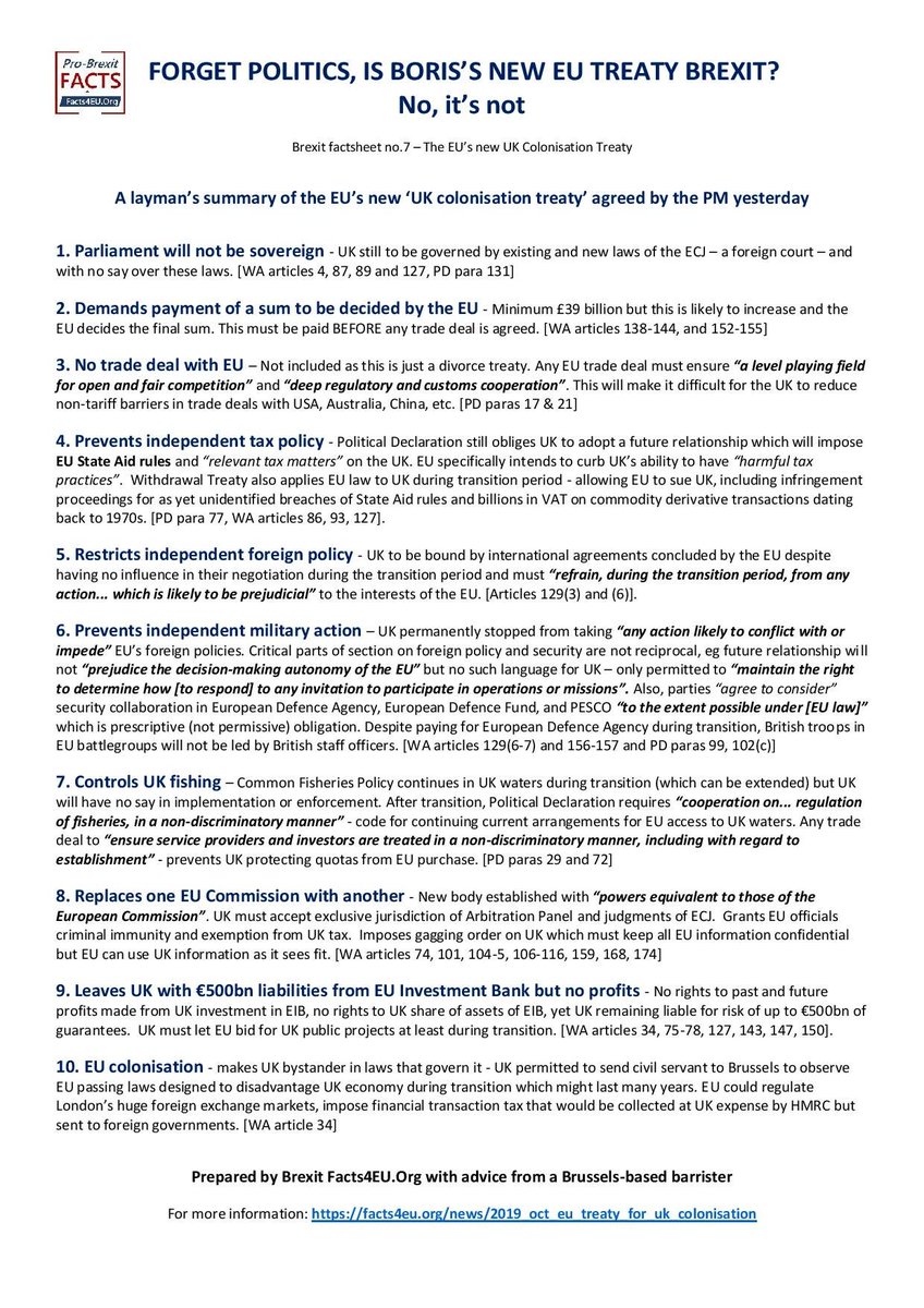 fishingforleave's tweet photo. Fantastic 1 page Facts sheet by @Facts4EU 

Detailing concisely all the problems with the #WithdawalAgreement

#Brexiteers @OwenPaterson @SteveBakerHW @johnredwood MUSTN'T vote this through

It would only drive the UK into a poor relationship &amp; extend current parliamentary farce https://t.co/JSeQTtTm0g