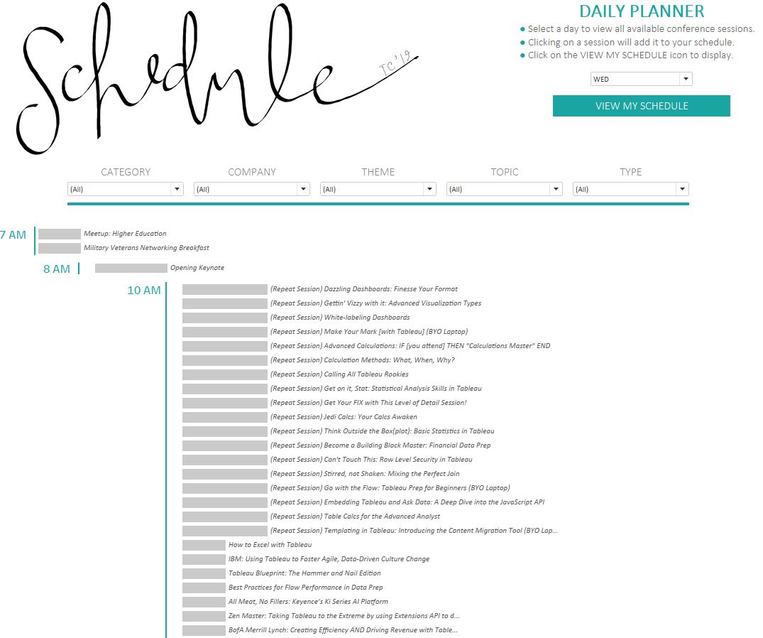 I created a viz to help build out my #TC19 conference schedule. Wanted to share with my data fam in case anyone else would find it useful. You can bet Wednesday is already booked with Workout Wednesday LIVE :) <a href="/AnnUJackson/">Ann Jackson</a> <a href="/lukestanke/">Luke Stanke 📈</a> <a href="/curtisharris_/">Curtis Harris</a> 

public.tableau.com/shared/HM9PZMS…