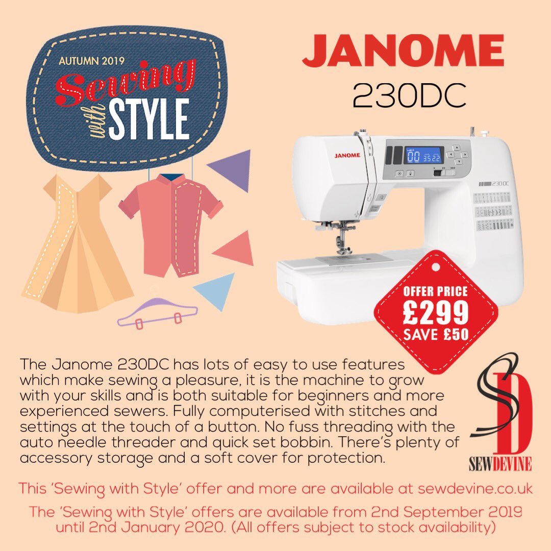 SewDevine_'s tweet photo. The #Janome #Sewing with Style Offers are in full swing here at #sewdevine and my goodness do we have some amazing #offers for you! 

One of the models on #offer is the Janome #230DC Light enough to carry to classes with plenty of stitch options for creating all kinds of projects https://t.co/0EBUlY8J0q