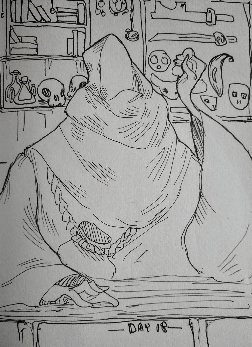 #Inktober2019 Day 18. A quick one today, but nonetheless. One of my shopkeeper NPCs from a game I'm running. 

#inktoberday18 #inktober 