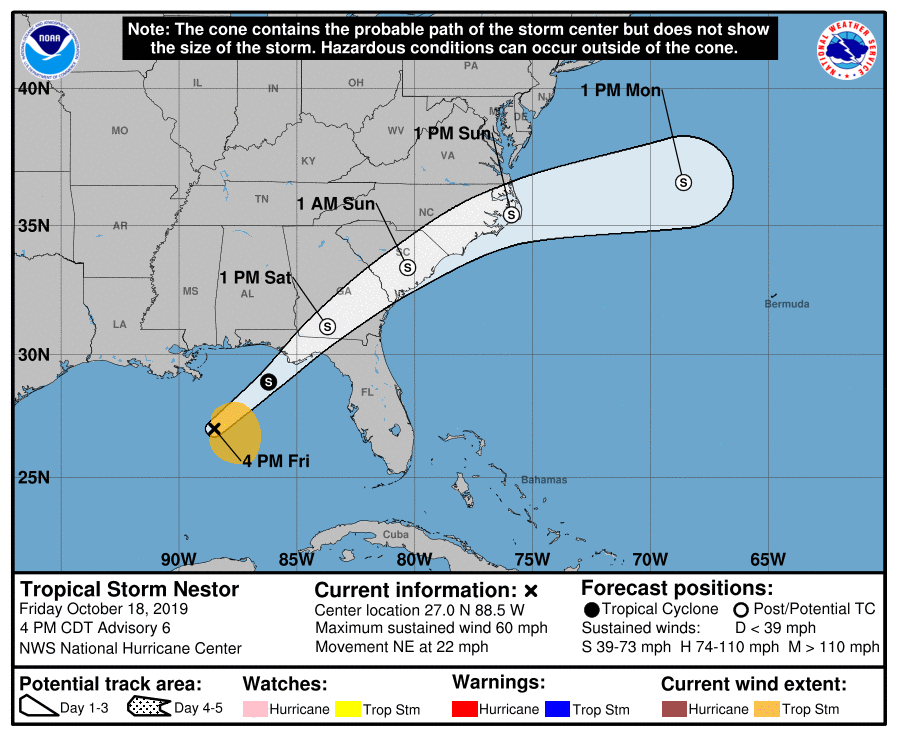 NWSEastern's tweet photo. 5 pm Fri...Tropical Storm Nestor was 280 mi SW of Panama City FL with max winds of 60 mph. Nestor is moving to the NE at 22 mph and will approach the FL panhandle tonight &amp; become a post-tropical cyclone as it tracks across portions of GA &amp; SC and off the NC coast by late Sunday. https://t.co/FsHPGiLlLi