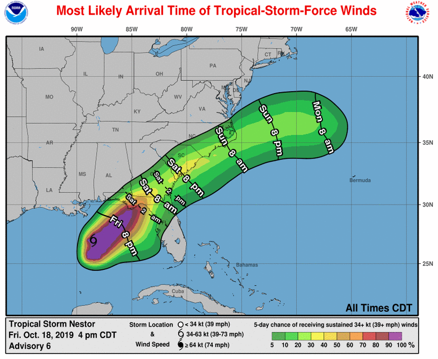 NWSEastern's tweet photo. 5 pm Fri...Tropical Storm Nestor was 280 mi SW of Panama City FL with max winds of 60 mph. Nestor is moving to the NE at 22 mph and will approach the FL panhandle tonight &amp; become a post-tropical cyclone as it tracks across portions of GA &amp; SC and off the NC coast by late Sunday. https://t.co/FsHPGiLlLi
