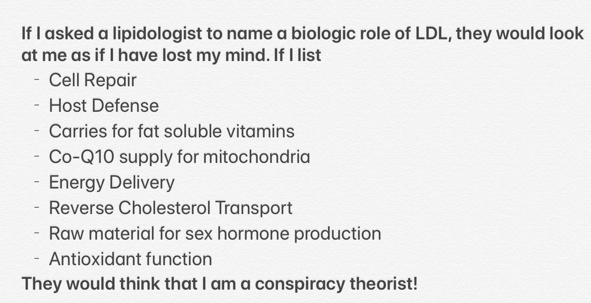 eatmostlyfatali's tweet photo. If I asked a lipidologist to name a biologic role of LDL, they would look at me as if I have lost my mind. If I list
Cell Repair
Host Defense
Carries for fat soluble vit. 
They would think that I am a conspiracy theorist! To those I offer a free ticket to https://t.co/ZI6C2iKyTl https://t.co/g1qgzKzKBN