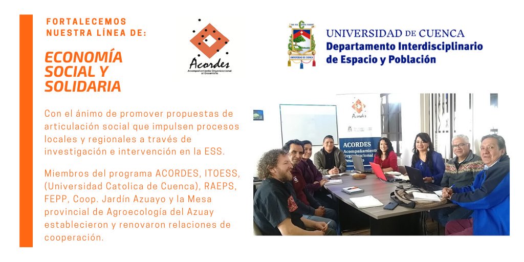 TeamAcordesUC's tweet photo. 📌Miembros de #AcordesUCuenca #Itoess (@UCatoCuenca ),Red Austral de Economía Popular y Solidaria, @INFOFEPP Cuenca, @JardinAzuayo y la Mesa Provincial Agroecologia Azuay establecieron acciones para "Economía Social y Solidaria"
#UCuenca #ActividadesUCuenca #TeamAcordes #DIEP https://t.co/yEX2S0kYTB