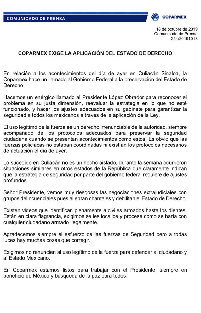 Hacemos un llamado al <a href="/GobiernoMX/">Gobierno de México</a> para preservar el estado de derecho y reiteramos nuestro respaldo. Es muy grave la omisión en la aplicación de la ley, la capitulación ante grupos delincuenciales y la pérdida del control territorial. cpmx.me/2J3kwNM