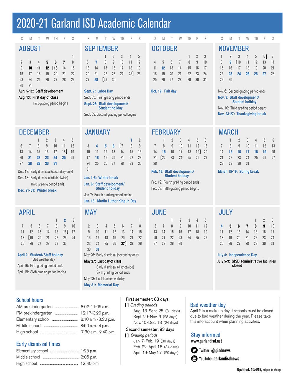 Garland Isd On Twitter: "Dyk - Garland Isd's 2020-21 Academic Calendar Was Recently Approved. See Next School Year's Printable Calendar: Https://T.co/Sxfyha5Hel Https://T.co/Stmpdegnqj" / Twitter