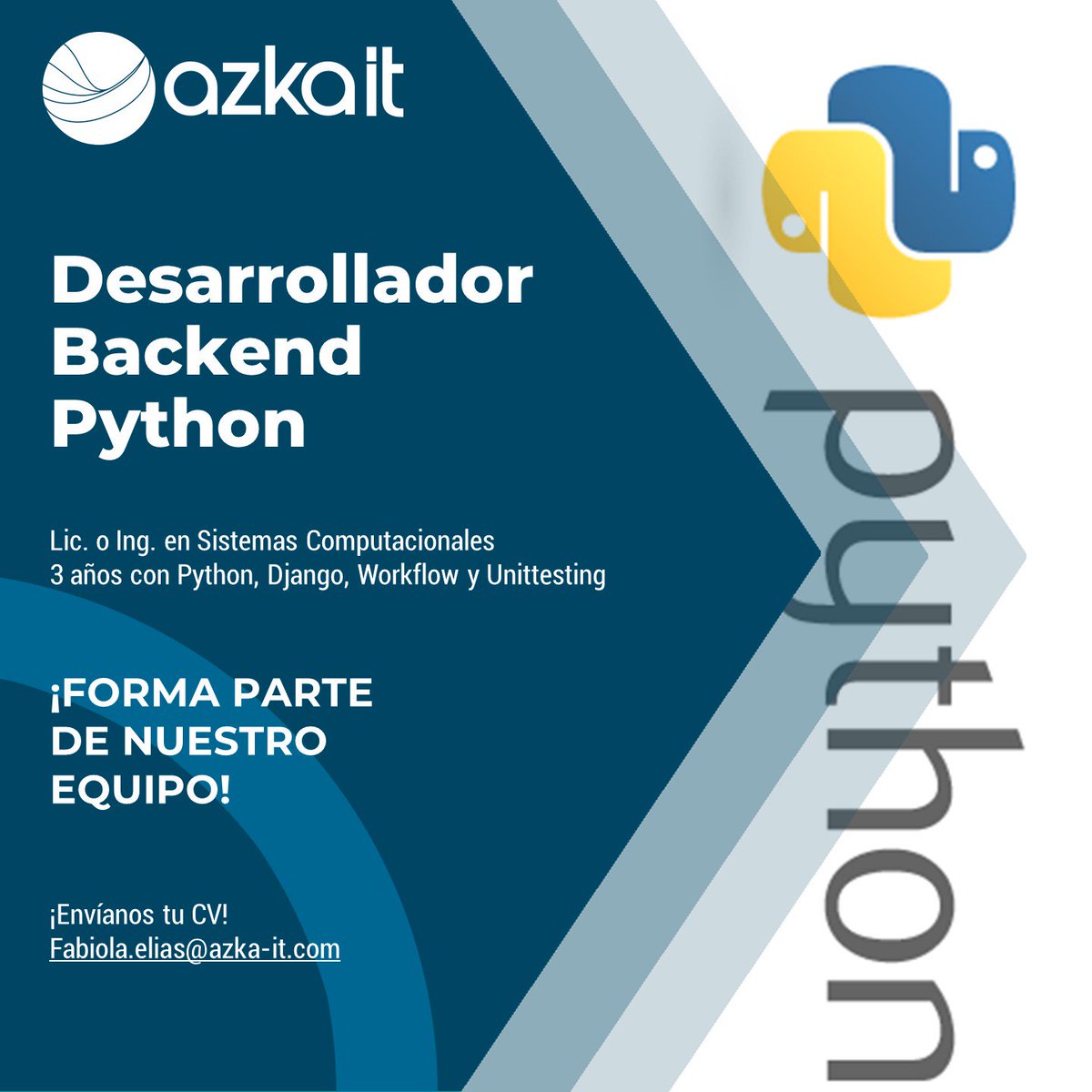 AZKA_IT's tweet photo. Buena tarde red! Solicitamos un Desarrollador Python Backend. Si estas interesado favor de enviar tu CV al correo fabiola.elias@azka-it.com y a staffing@azka-it.com #desarrollador #ofertalaboral #vacante #Django #Python #Unittesting #Rest #Workflow #azkait https://t.co/DE4G5EgiBU