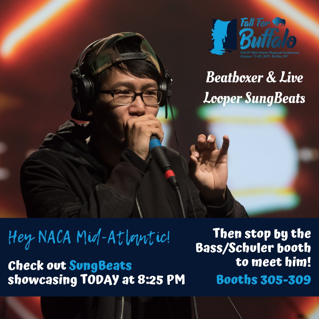 BassSchuler's tweet photo. Hey @thenacamat check out beatboxer and live looper, @sungbeats who will be showcasing TODAY at 8:25 PM! #NACAMAT #NACAMidAtlantic #FallforBuffalo #SungBeats #Beatboxer #LiveLooper #showcasingartist #BassSchulerEntertainment https://t.co/W6oco09uP2