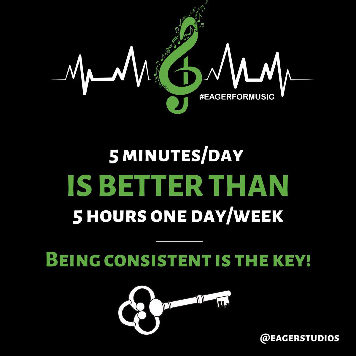 eagerstudios's tweet image. #EagerForMusic Tip!

Be consistent and take small bites! Don’t be overly optimistic. Set a goal of 5 minutes per day, and as your practicing habit solidifies, up the amount of minutes by 1️⃣! Slow and STEADY wins the race. 🎶

#musiclessons #musiceducation #musictips #funfriday