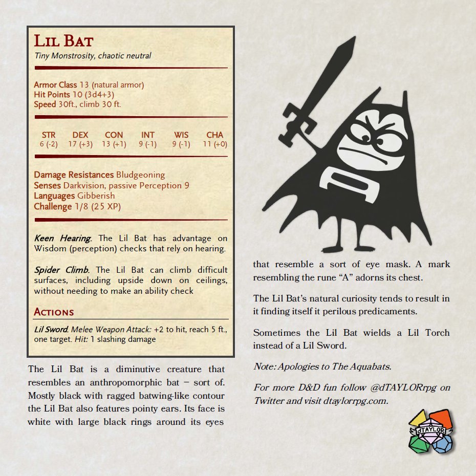 dTAYLORrpg's tweet photo. Hey, fellow #DungeonsAndDragons fans. Any of you @TheAquabats fans? Here's a lil' something I did for fun. Hope you find it Super Rad. #DnD #LilBat https://t.co/4PylOVbFAt