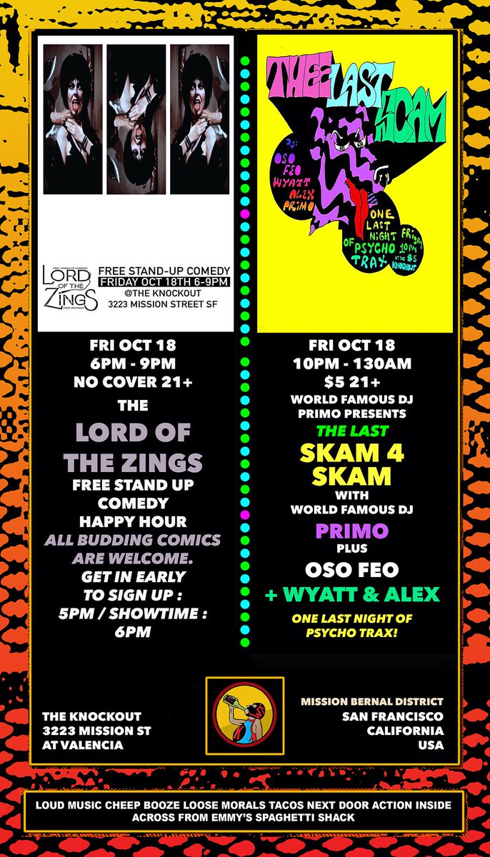 knockoutsf's tweet photo. Tonight at @knockoutsf : Lord Of The Zings Happy Hour : Free Stand Up Comedy! 6pm Free 21+ >>>The LAST Skam 4 Skam w DJ Primo& Friends 10pm $5 21+ #freestuff #freecomedy #happyhour #disco #danceparty #dothebay #knockoutsf https://t.co/rw6prI4axT