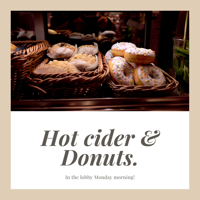 howe_place's tweet photo. Resident can stop by the lobby on Monday morning for some hot apple cider and donuts! Let's start off the return from Fall break right! https://t.co/AC4D7GNiBy