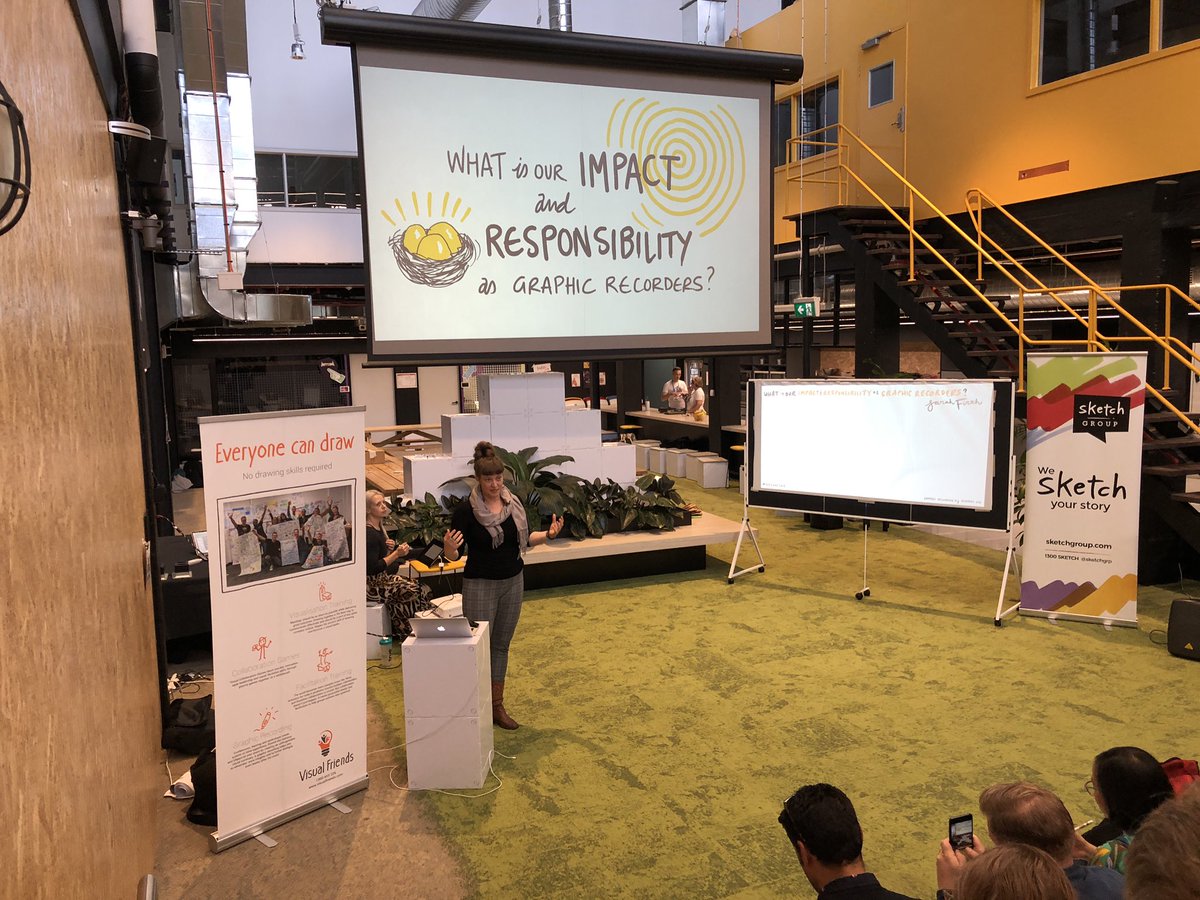 Our keynote speaker <a href="/sarahthefirth/">Sarah Firth</a> is seeing the tone of the day by being brave and vulnerable. "I discovered the impact that a graphic recorder can have when I had a negative experience with a client. I was booed out of the room!" #graphicfacilitation #ethics