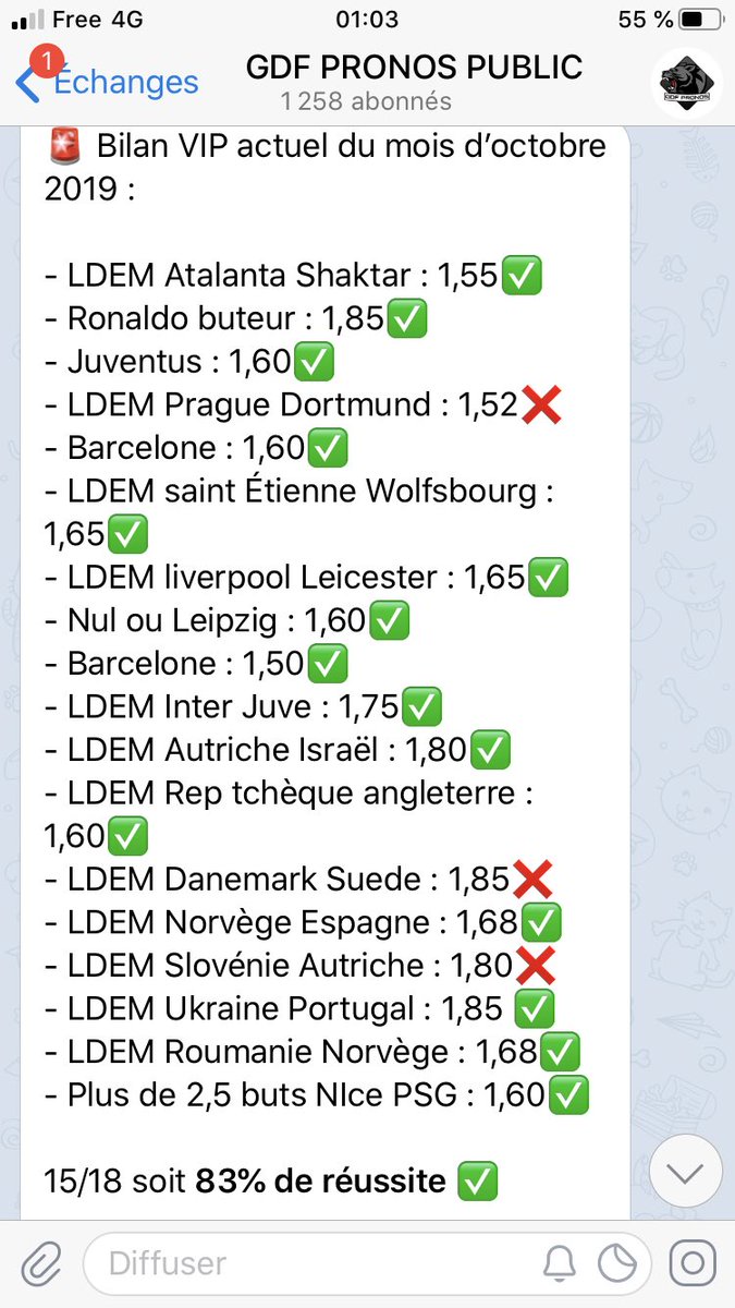 GdfPronos's tweet image. Bilan actuel du VIP pour le mois d’octobre 2019. 
15/18 soit 83% de réussite ✅✅✅ 
Lien du groupe gratuit dans ma bio. 
#TeamParieur #Pronos #Betclic #Unibet #Parionsport