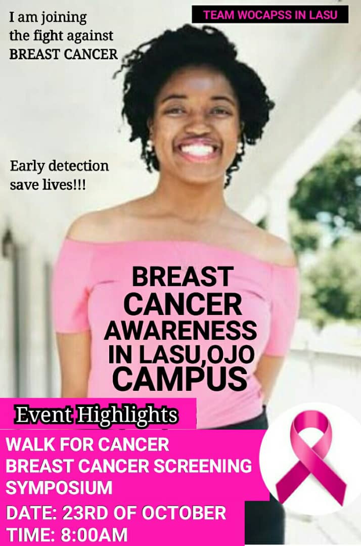 _Iam_Cathe's tweet photo. BECAUSE IT IS BREAST CANCER AWARENESS MONTH IN LASU๐ช๐ช
REMEMBER, EARLY DETECTION SAVE LIVES!!!
Date: October 23rd
Time: 8:00am (Walk for cancer)
Breast Cancer screening and Symposium (3in1hall FACULTY OF EDUCATION)
#Teamwocapss #Teamlasu #notocancer
@LasuFM @Lasu_PR https://t.co/7zNYtCJDEX