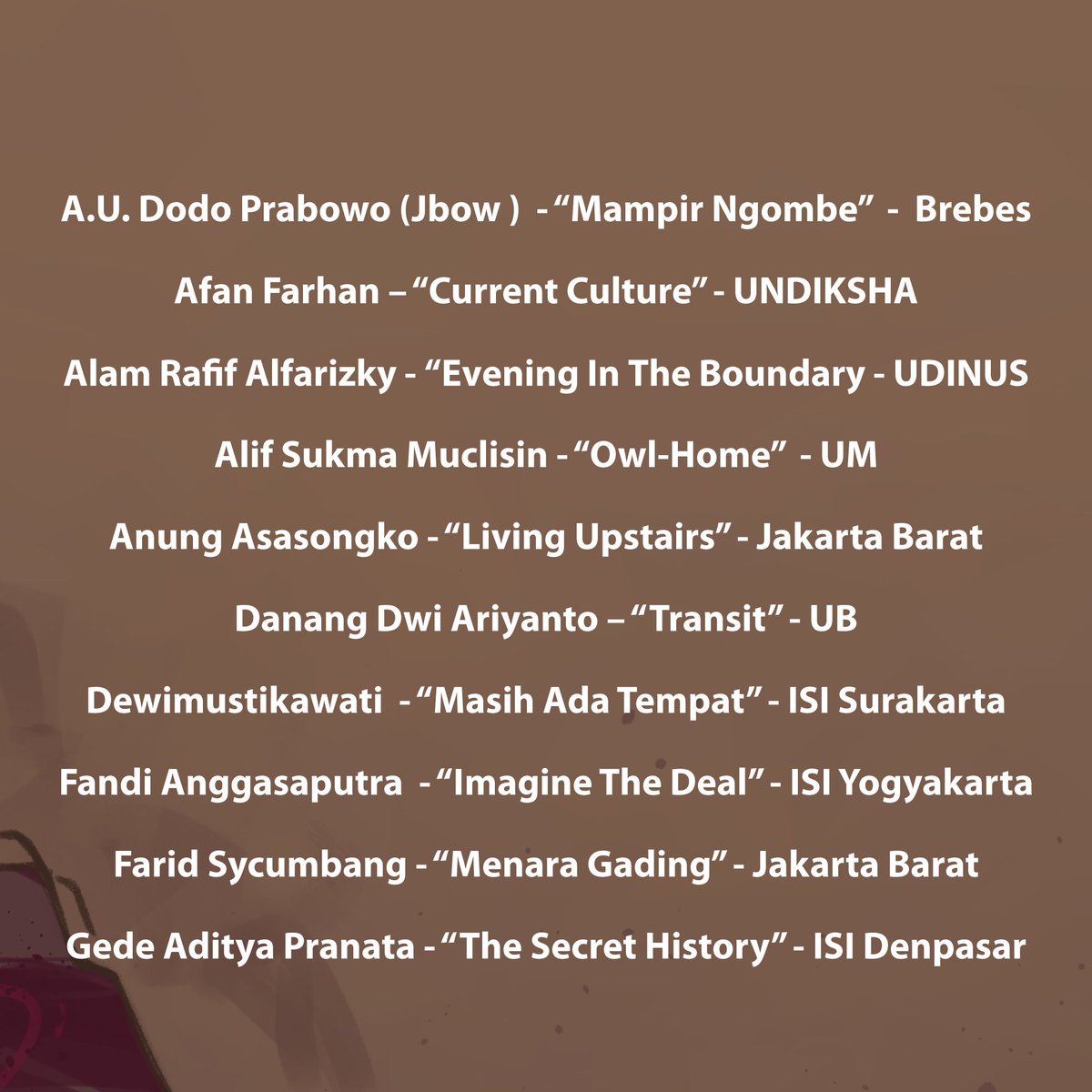 PENGUMUMAN SELEKSI KARYA
.
Terima kasih buat teman-teman yang sudah submit karya ke pameran Guyub Rupa 9, Dan Selamat buat yang telah Lolos seleksi!
Kalian semua Ngeri Ngerong!!!
.
.
#guyubrupa9 #guyubrupa #unnes #senirupa  #senirupaunnes #dkv #dkvunnes #art #artexhibition