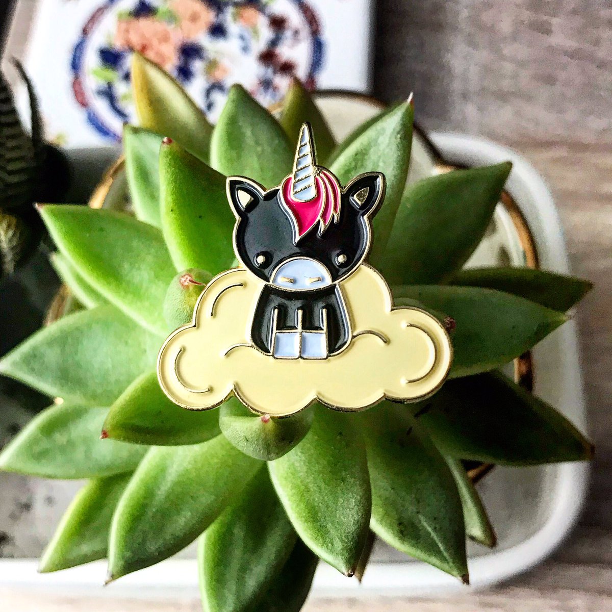 @ravenandunicorn has a new mascot! (It’s actually just Milo with a chic makeover). Makes me think of @TiffanyHaddish #TheLastBlackUnicorn #enamelpins #raleigh #womanownedbiz