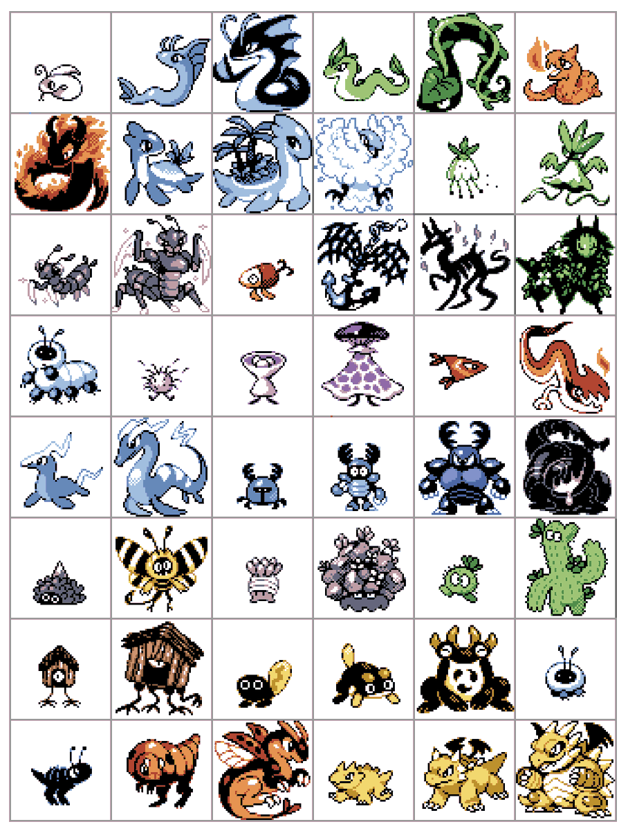 #pixelart 
#fakemon
#mossworm
48 mossmons in no particular order 