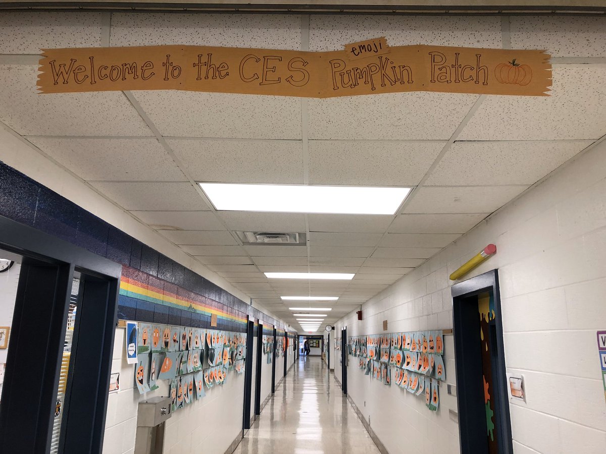 artwalkervb's tweet photo. My hallway has turned into an Emoji Pumpkin Patch! Grades 1-3 learned how to shade their pumpkin and then layered cut paper on top to create an emoji pumpkin! Each pumpkin in the patch even has its own name 🎃 #CESart @CentervilleVB https://t.co/GnAb86zsqE