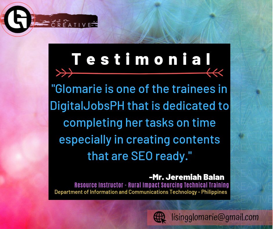 LisingGlomarie's tweet photo. In our training days, I’ve learned that setting and keeping deadlines made me become a more disciplined person, who takes personal responsibility for actions. Moreover, it helps me to control and channel my energy and enthusiasm especially on SEO projects.
#GCreative #SEO https://t.co/9NHRHzxTJg