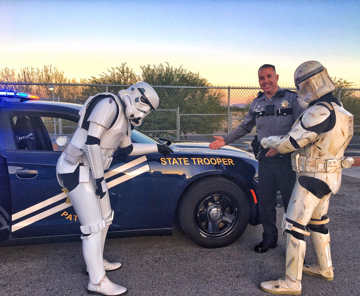 NVStatePolice's tweet image. Sgt Borchardt was recruiting tonight and had these guys a little confused. The dark side is a pathway to nowhere, leave the storm trooper life behind you and join the Nevada State Troopers. We always find the droids we’re looking for. #starwars #hiring #nhpsocomm
