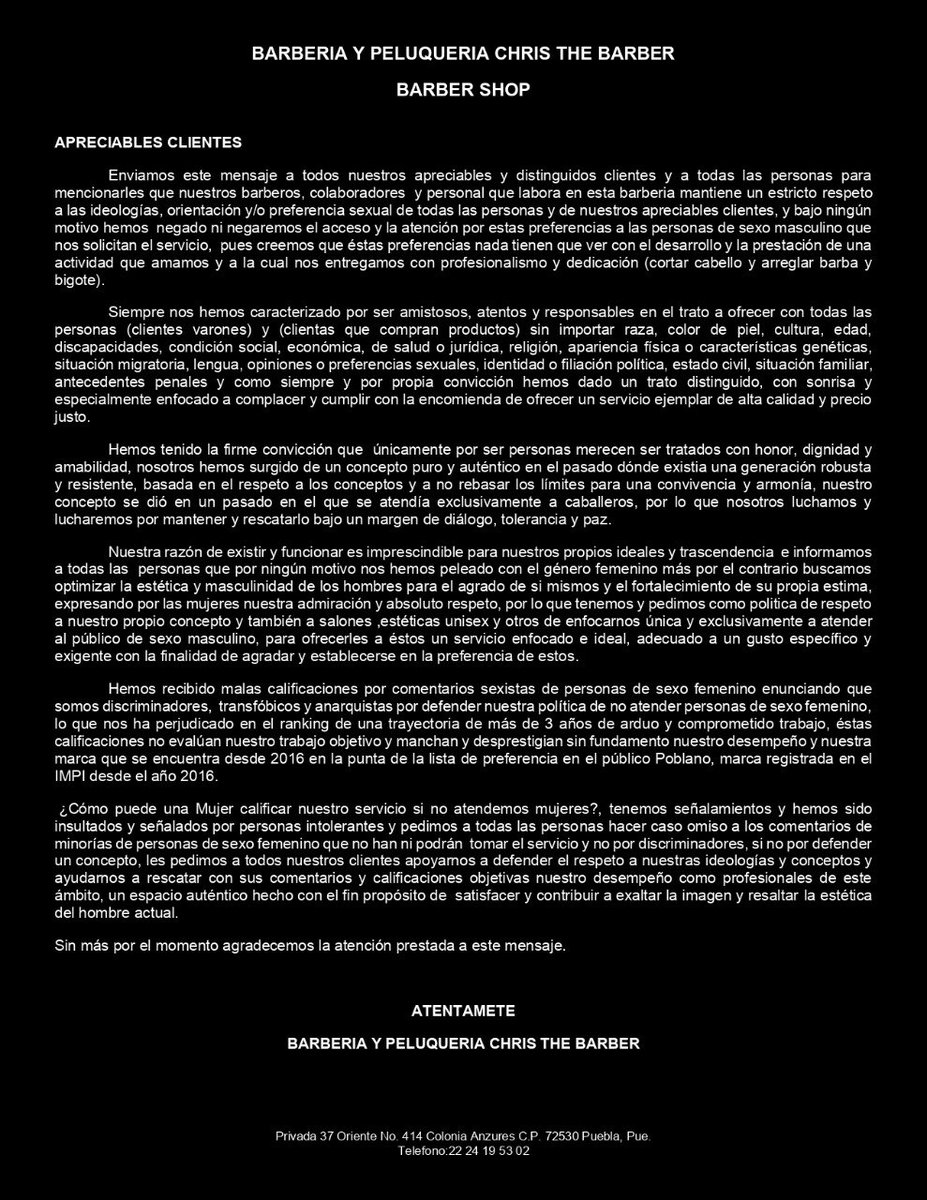 christhebarberp's tweet photo. ANTE LOS LAMENTABLES SEÑALAMIENTOS QUE HEMOS RECIBIDO POR DEFENDER NUESTRO CONCEPTO, CHRIS THE BARBER EXPONE SU POSTURA
QUEDAMOS A SUS ORDENES https://t.co/llGs1Vg1CN