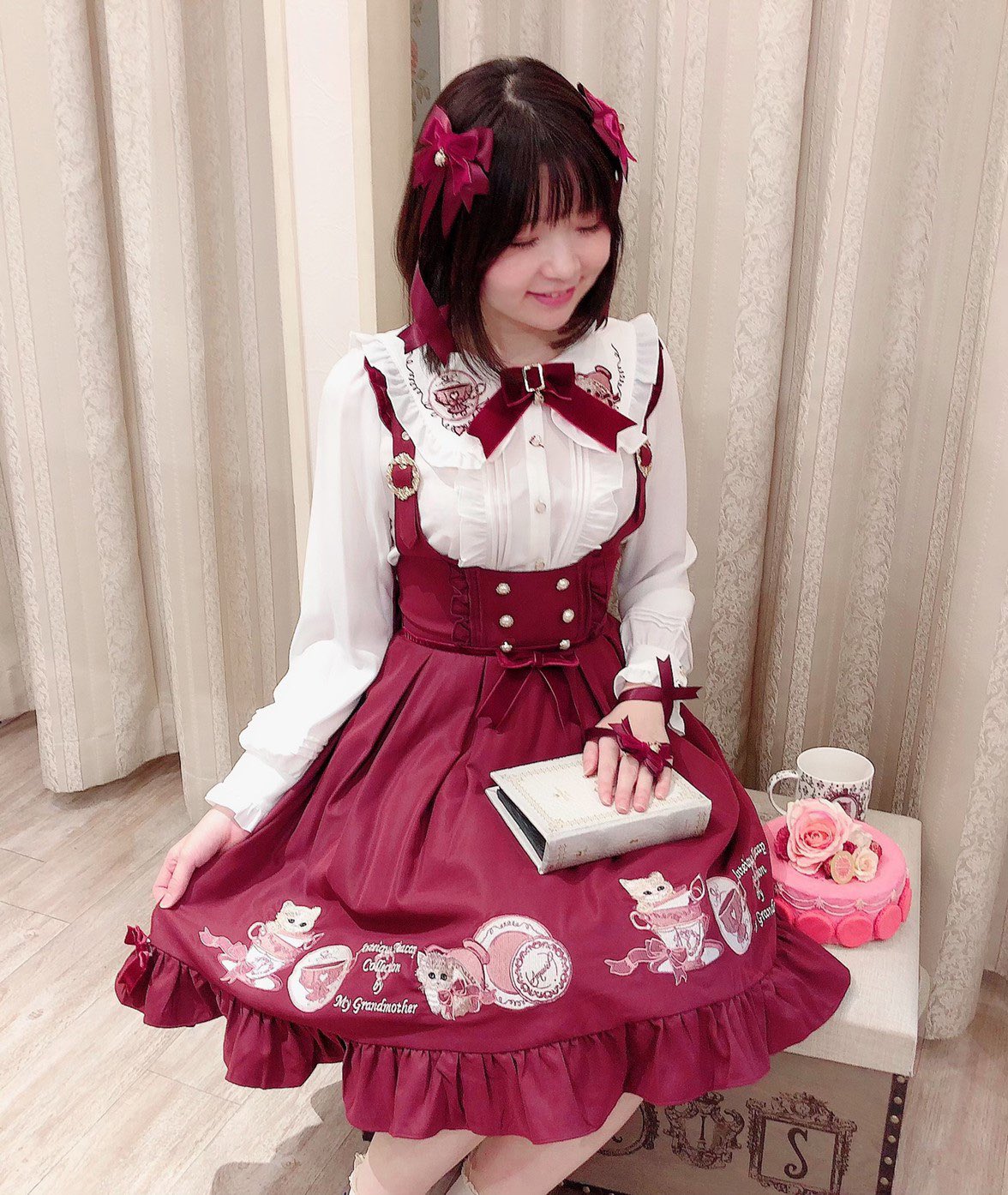 Amavel 仔猫とティーカップコレクション ブラウス＆ジャンスカ 仔猫とティーカップコレクション◇ジャンスカ＆ブラウス◇販売の