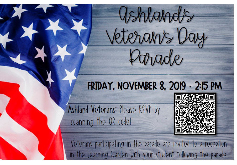 SAVE THE DATE! Ashland's annual Veteran's Day Parade will be held on November 8th at 2:15 pm. See you there! #ashlandsoar #PurpleStarSchool 🇺🇸