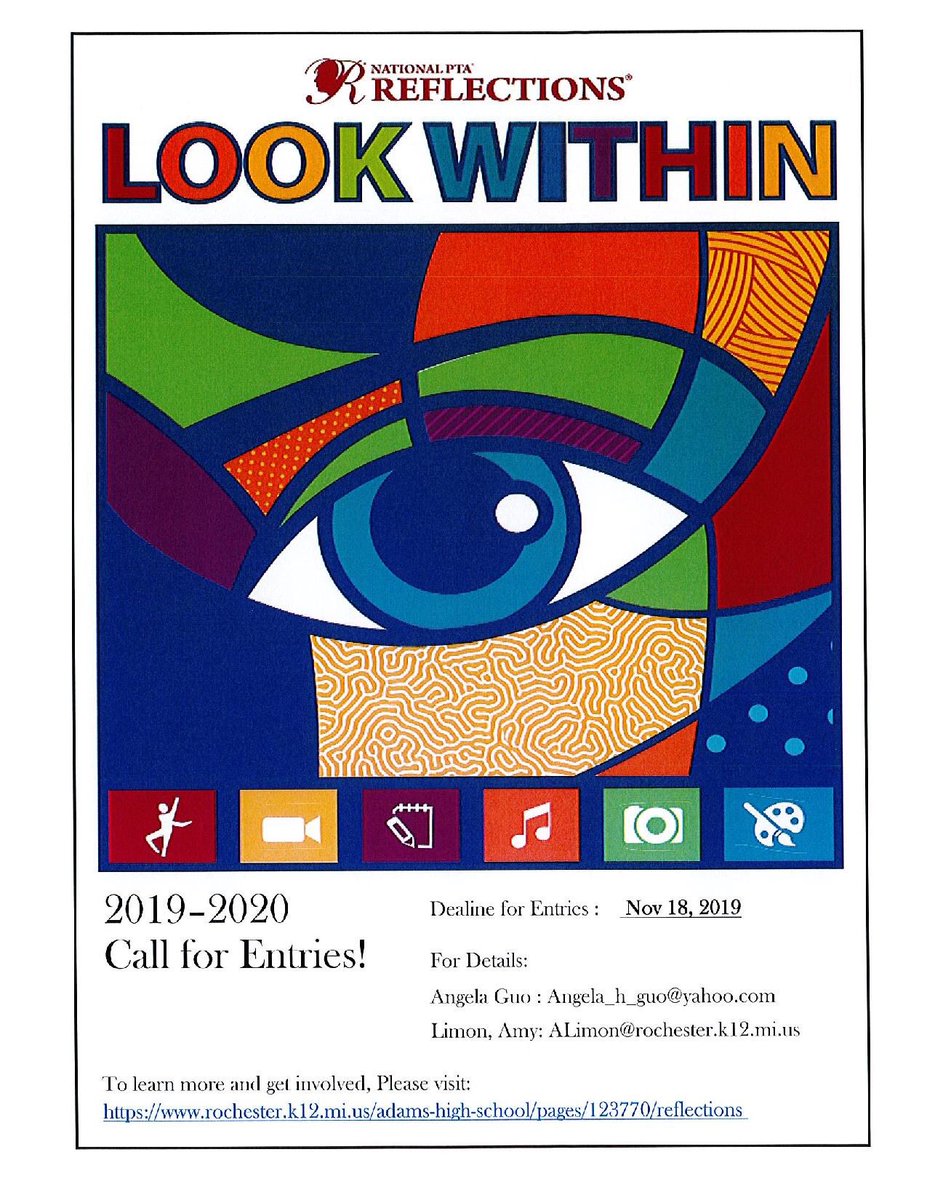AdamsPTSA's tweet image. Feeling creative?
The theme for the 2019-2020 Reflections program year is Look Within. Students submit their completed works of art in one or all of the available arts categories: Dance Choreography, Film Production, Literature, Music Composition, Photography, Visual Arts.