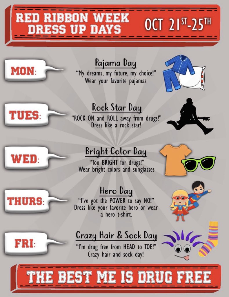 3rdjack_tisd's tweet photo. Red Ribbon Week is next week!! Check out the themes for each day!! #leadlikeapatriot #saynotodrugs #RedRibbonWeek https://t.co/S12mZxwlSM