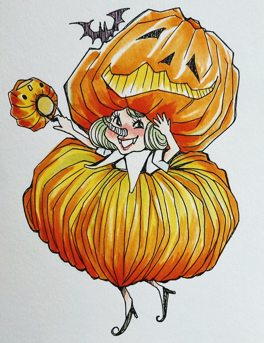 あけびー على تويتر カボチャ衣装19 10 19 カボチャ アナログ イラスト 女の子 パーティー ハロウィン Halloween Illustration Drowing Girl