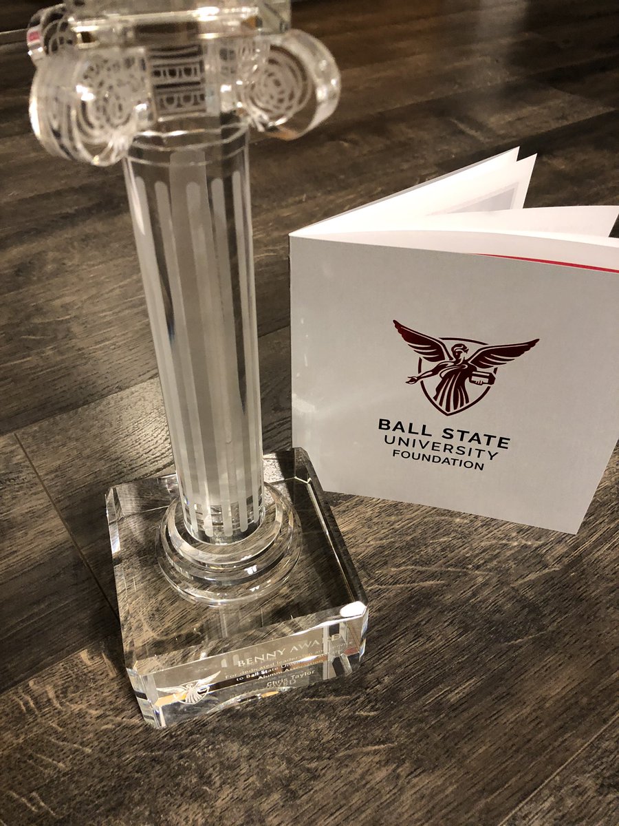 BallStateCT's tweet photo. Honored to have been selected as a 2019 recipient of the @BallState Benny Award tonight.
The coolest award too, a crystal pillar designed from the Ball Brothers mansions in Muncie.
Thank you @BallStateAlumni @BSUFoundation, @PresidentMearns and everyone involved. #WeFly https://t.co/M3QaAbKLH5
