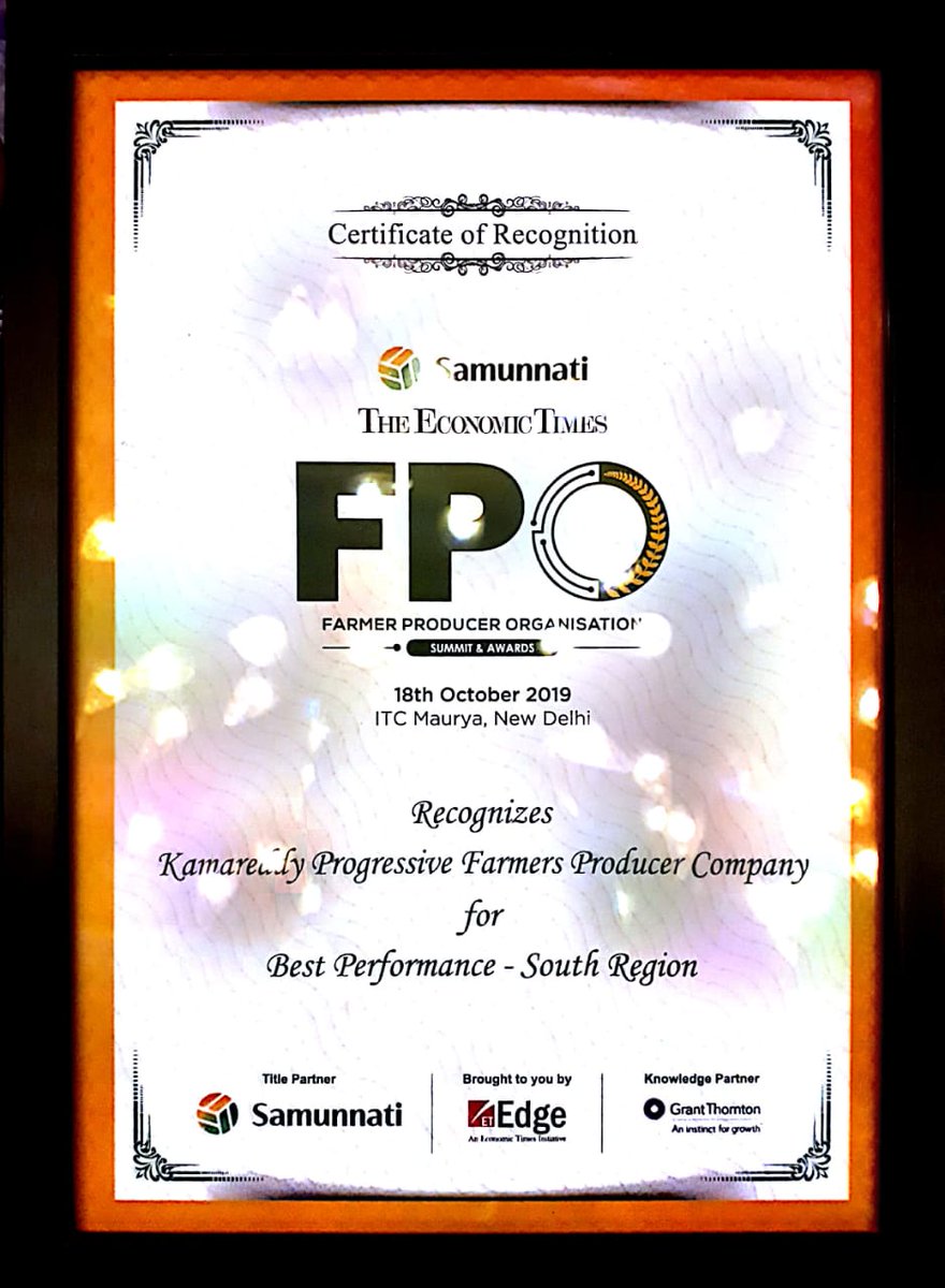 KPfpcl's tweet photo. Kamareddy Progressive Farmers Producer Co. Ltd (KPFPCL), mentored by "Reliance Foundation" received The Economic Times - Samunnati FPO Awards 2019  for Best Performance &amp; Range of Services (South Region) in New Delhi from Ms. Neelkamal Darbari, IAS, MD SFAC. https://t.co/UQdYEetpo2