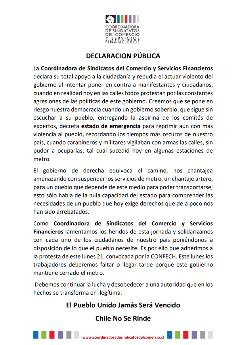 Desde nuestra coordinadora, nuestra posición <a href="/Confech/">CONFECH</a> <a href="/Cutchile/">CUT Chile ✍️🗳</a> <a href="/sebastianpinera/">Sebastian Piñera</a> <a href="/min_interior/">Ministerio del Interior</a> <a href="/T13/">T13</a> <a href="/24HorasTVN/">24 Horas</a> <a href="/meganoticiascl/">Meganoticias</a>  @emol <a href="/El_Ciudadano/">El Ciudadano</a> <a href="/eldesconcierto/">El Desconcierto</a> <a href="/Cetra_Trabajo/">Centro de Estudios del Trabajo</a> <a href="/CNT_NOmasAFP/">Coordinadora No+AFP</a> #UnidadSocial #ParoNacionalYa #HuelgaGeneral