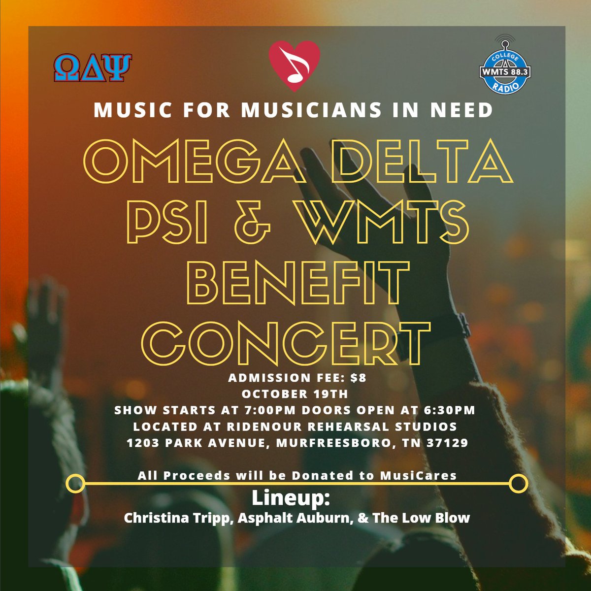 Looking for weekend plans? Come hang with us and <a href="/omegadeltapsi/">Omega Delta Psi</a> at our benefit show! Proceeds help musicians in need!