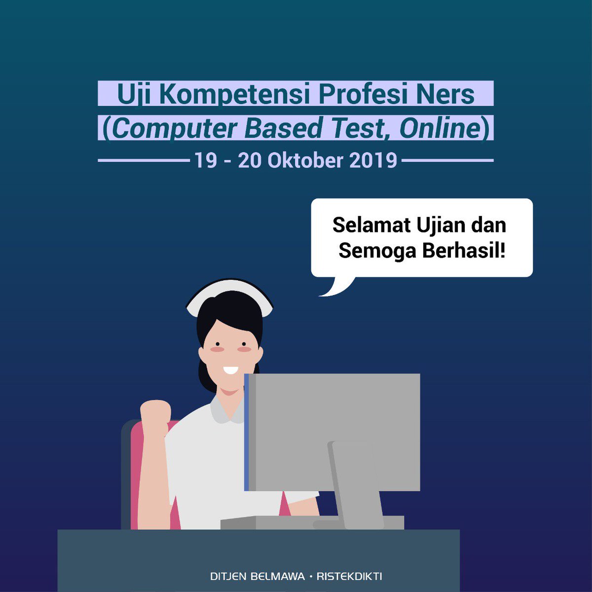 Kemdiktisaintek's tweet image. Halo #SobatBelmawa! 

Hari ini Ditjen Belmawa, Kemenristekdikti mengadakan Uji Kompetensi  Profesi Ners untuk pertama kali melalui Computer Based Test secara online. 

Yuk #SobatBelmawa tag teman kalian yang hari ini ujian, dan berikan semangat!  

#Ristekdikti #Belmawa
