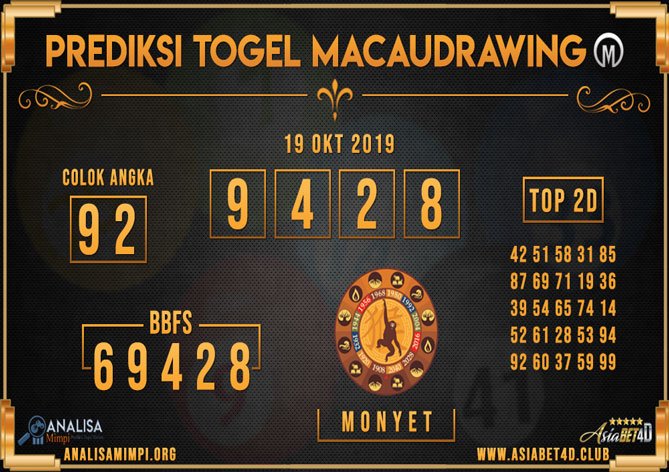 טוויטר \ Asiabet4D בטוויטר: "Prediksi Togel Macau Drawing Sabtu 19 Okt 2019  Angka Main : 9 4 2 8 Shio : Monyet Colok Angka : 9 2 Top 2D: 42 51 58