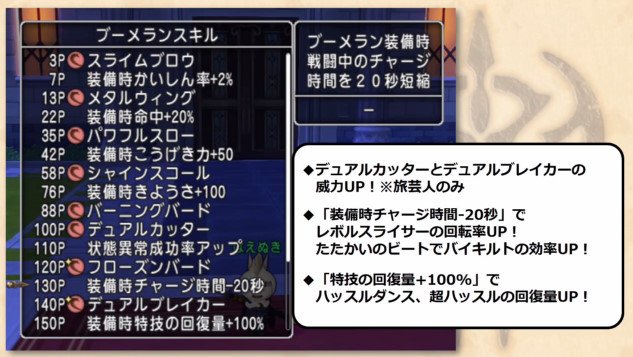 ドラクエ10攻略 おてう 旅芸人のブーメランスキル 旅芸人のみデュアルカッター ブレイカーの威力が強い チャージ 秒があるのでレボルや超ハッスルなど打ちやすい 特技の回復量 100 でハッスルダンスがベホマラーに近づく Dqxtv