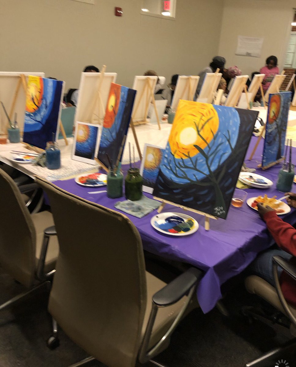 XiZetaOmegaAKA's tweet photo. 💗 Asbury Dwelling residents were artists for the evening with MTC Art Studio. Members & residents painted a nature science reminiscent of legendary artist Romare Bearden of the Harlem Renaissance. #xzoAKA #AKA1908 #Excellence #HarlemRenaissance #PaintParty #TheArts #TargetIV 💚 https://t.co/qjelTkbjoP