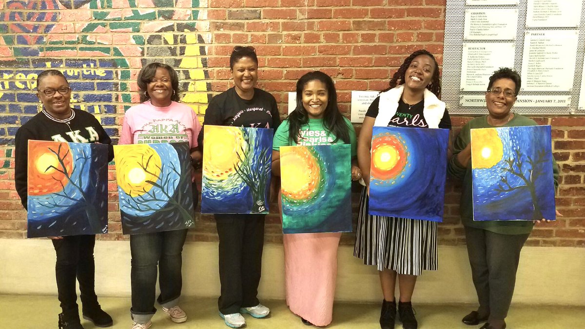 XiZetaOmegaAKA's tweet photo. 💗 Asbury Dwelling residents were artists for the evening with MTC Art Studio. Members & residents painted a nature science reminiscent of legendary artist Romare Bearden of the Harlem Renaissance. #xzoAKA #AKA1908 #Excellence #HarlemRenaissance #PaintParty #TheArts #TargetIV 💚 https://t.co/qjelTkbjoP