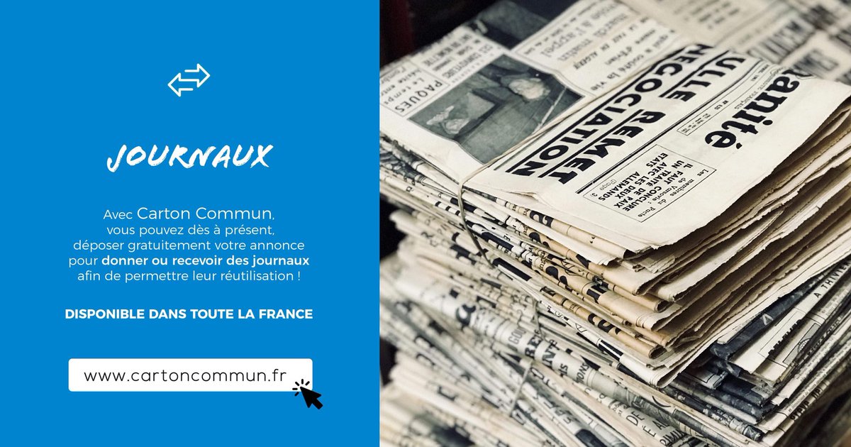 CartonCommun's tweet photo. Déposez gratuitement votre annonce pour donner et récupérer des journaux et leur offrir une seconde vie 👌🏻♻️
#recyclage #reutilisable #journaux #carton #ecologie #zerodechets #earth #gogreen #worldclean #green #environnemen https://t.co/GmVWi8GJmz