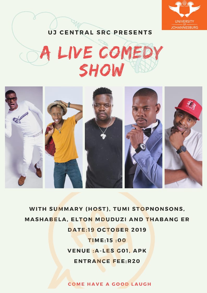 UJSRC2019's tweet photo. Mashabela is delivering the first performance. Do not arrive late! 

Buses available after the show: APB, DFC, SWC.

#UJComedyShow #UJSpringFest https://t.co/W9sYPcBsnY