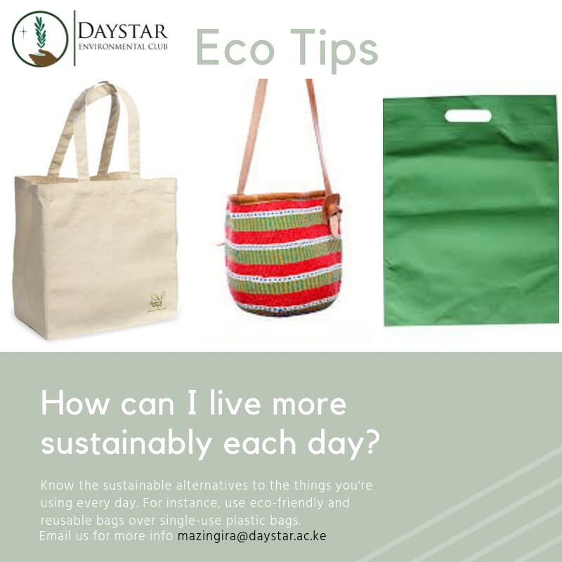 GreenDaystarKE's tweet photo. We need to adopt eco-friendly practices in order to improve the environmental health and quality of life for our campus and community. Here is a tip on how you can start small in regards to your shopping needs. @DaystarUni https://t.co/CZ5giiBMiU