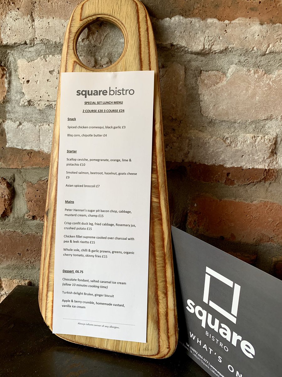 squarebistro's tweet photo. 2 x course £20 3 x course £24 for lunch today #haveyoubooked #proper #tastetheisland https://t.co/JLooBcDSAS