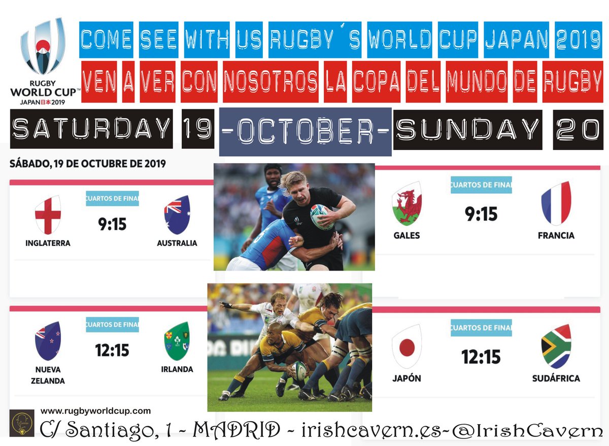 IrishCavern's tweet photo. Este sábado y domingo, no te pierdas los cuartos de final del Mundial de Rugby de Japón 2019, ven a ver los partidos a The Cavern ¡Os esperamos!#IrishCavern #unetealamelemundial #unetealamele #RugbyWorldCup 🏉 @MovistarRugby https://t.co/ZDUfFMYog5