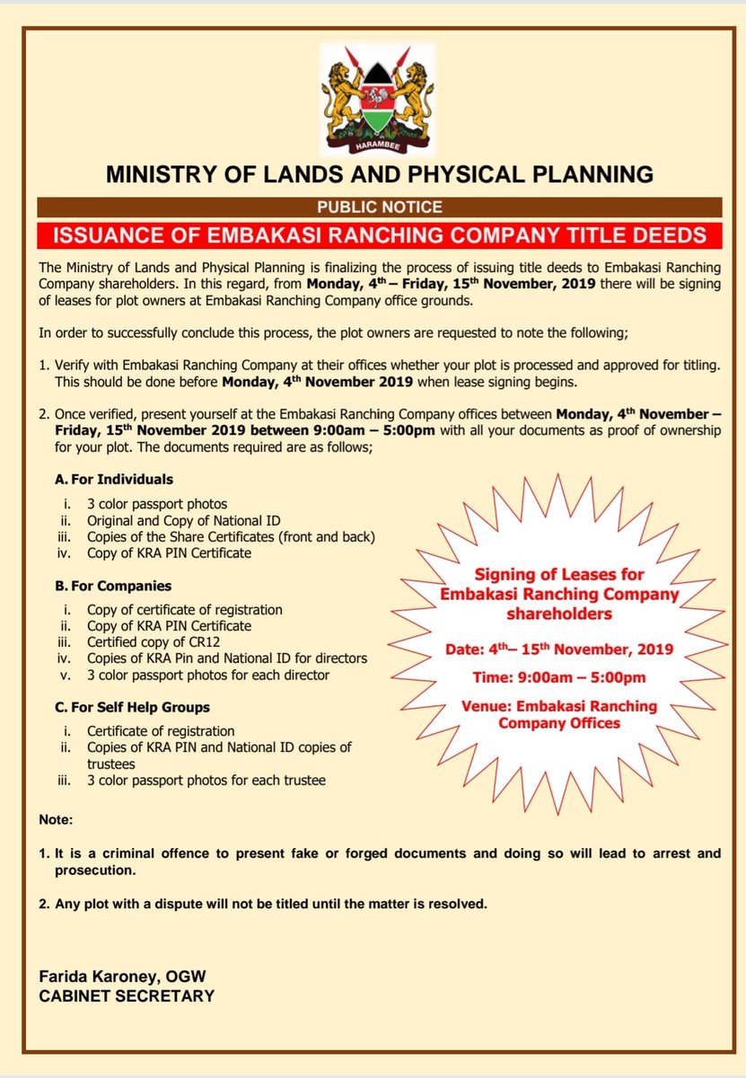 Faridakaroney's tweet photo. Public Notice: Issuance of Embakasi Ranching Company Title Deeds. https://t.co/KsNCuxfXVV