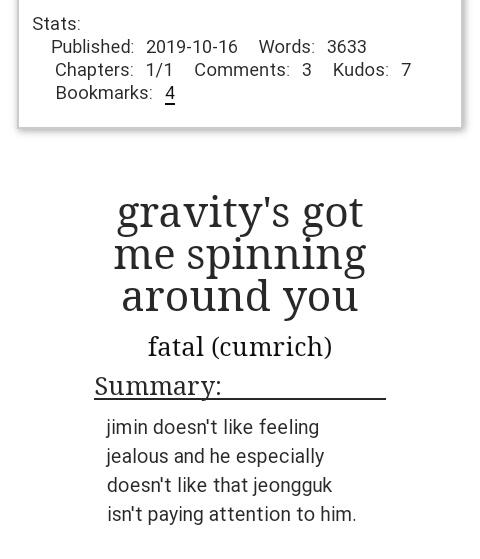 jikookao3's tweet photo. 84. gravity's got me spinning around you
by fatal (cumrich)
https://t.co/l1Mam4Exq4

- space au
- jealousy https://t.co/GejjeLDQ6b